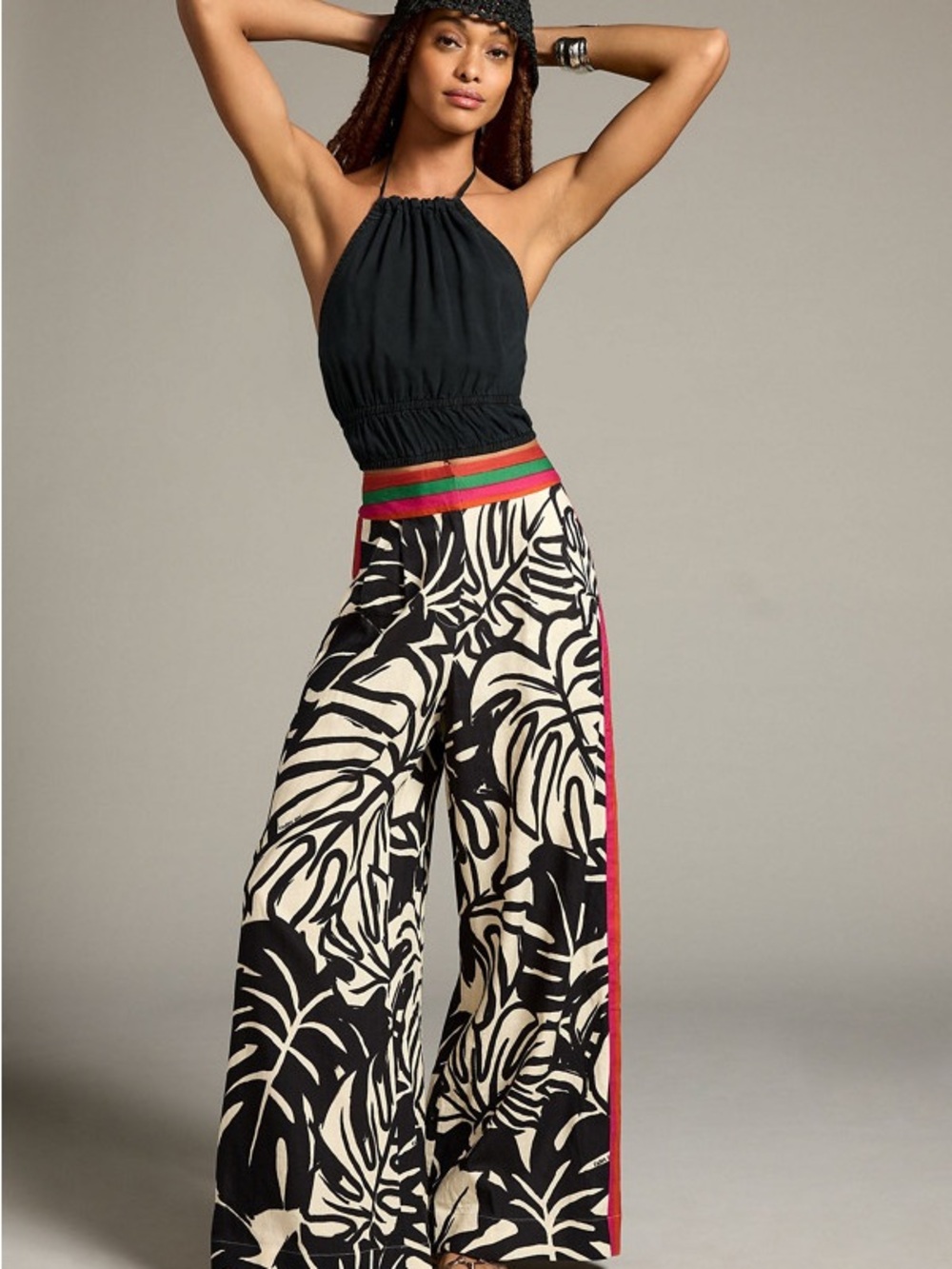 FARM Rio Black & Cream Wide Leg Tropical Print Pants with Striped Waistband - Picture 2 of 5